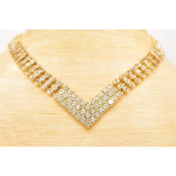 Vintage Crystal Necklace Collar Rhinestone Gold Chunky Sparkling 1980s Bin6B - Picture 7 of 12